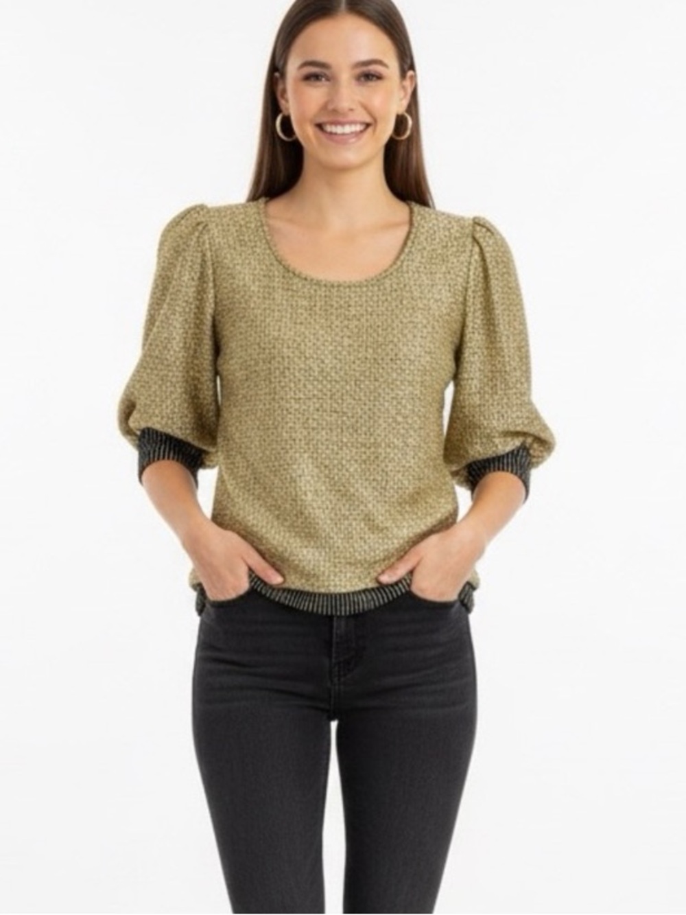 Trousers NWOT Vintage Stretchy Poof Sleeve Gold Textured Women's Top